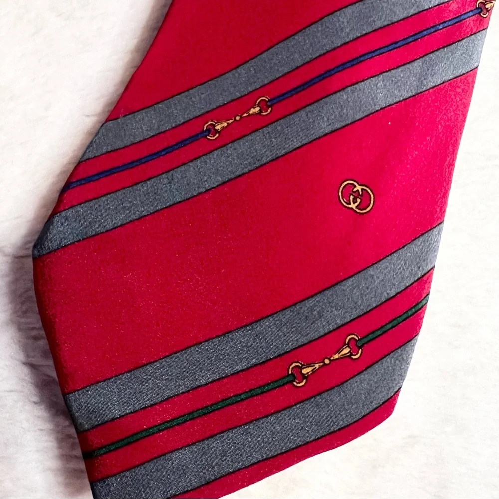 Vintage Gucci Silk Monogram Horsebit Tie Red Gray Vertical Striped Navy Gold